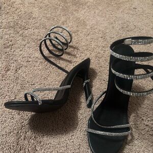 Elegant Black Strappy Heels with Rhinestone Accents